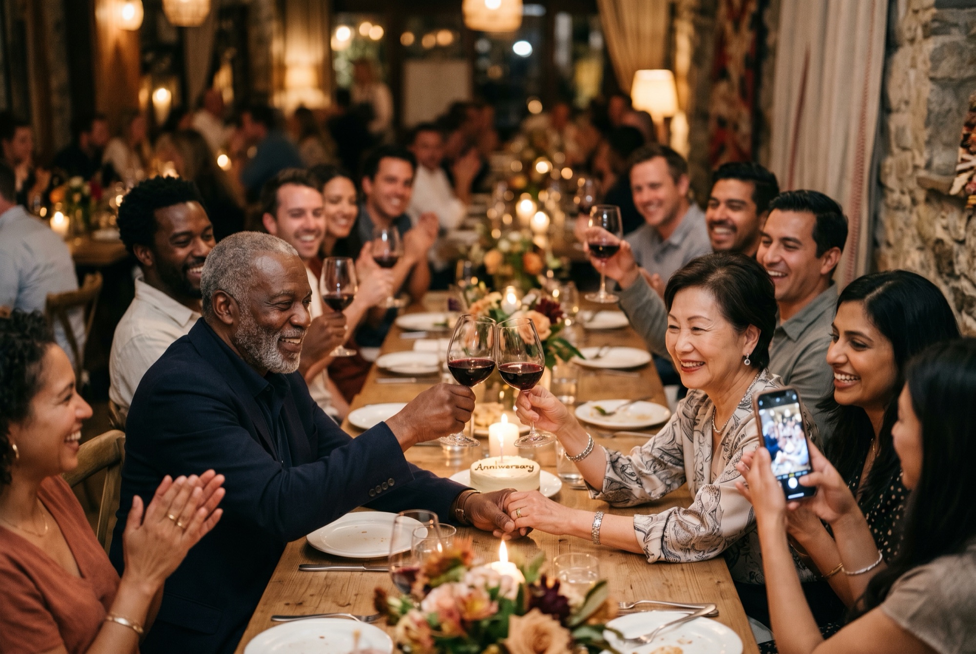 Friends toast a couple at an intimate anniversary dinner.
