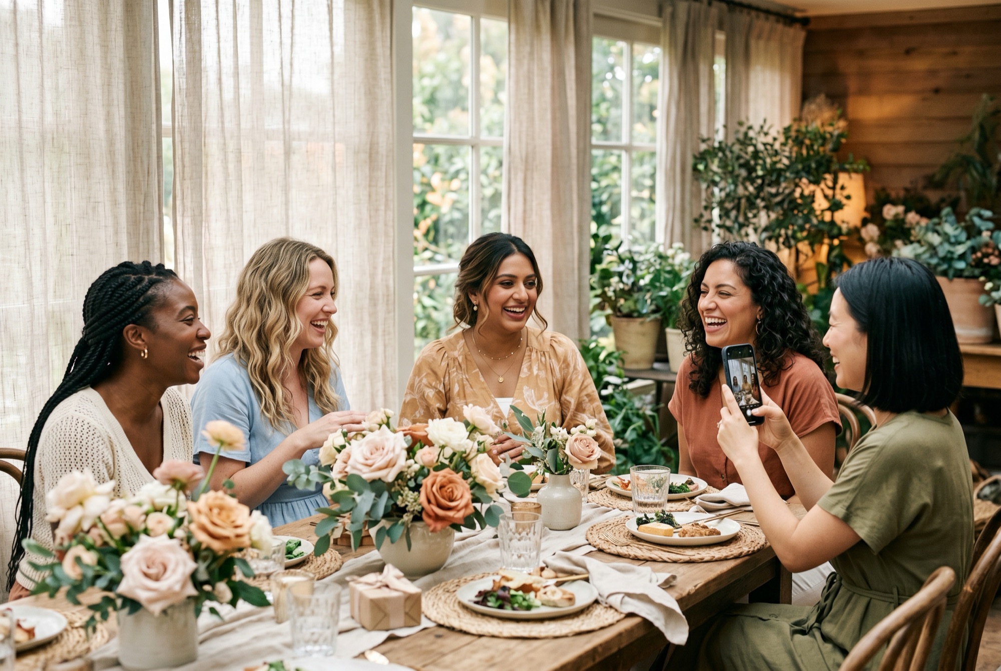 Friends gather at a sunlit baby shower in a garden room.