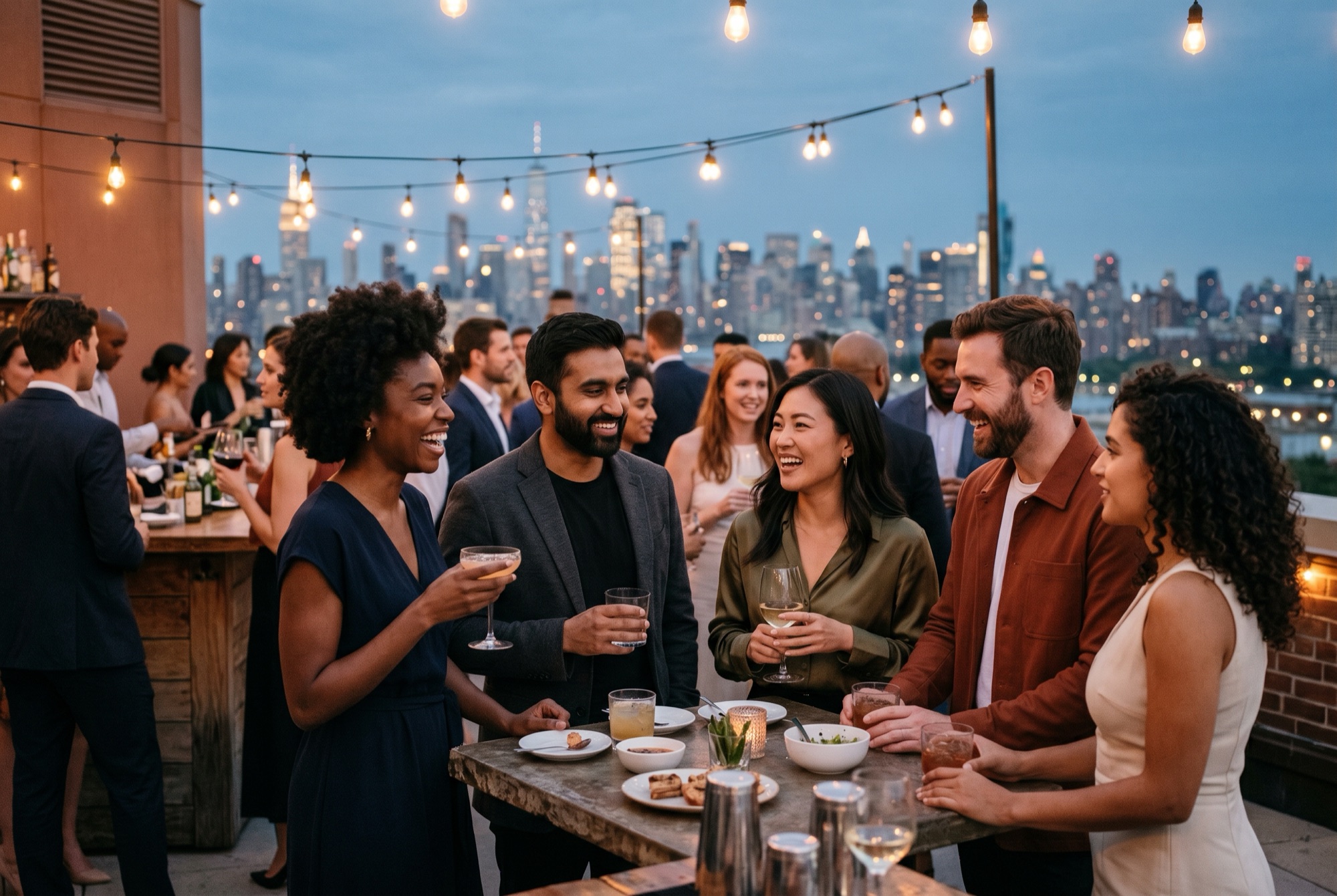 Guests mingle at a rooftop cocktail event at dusk.