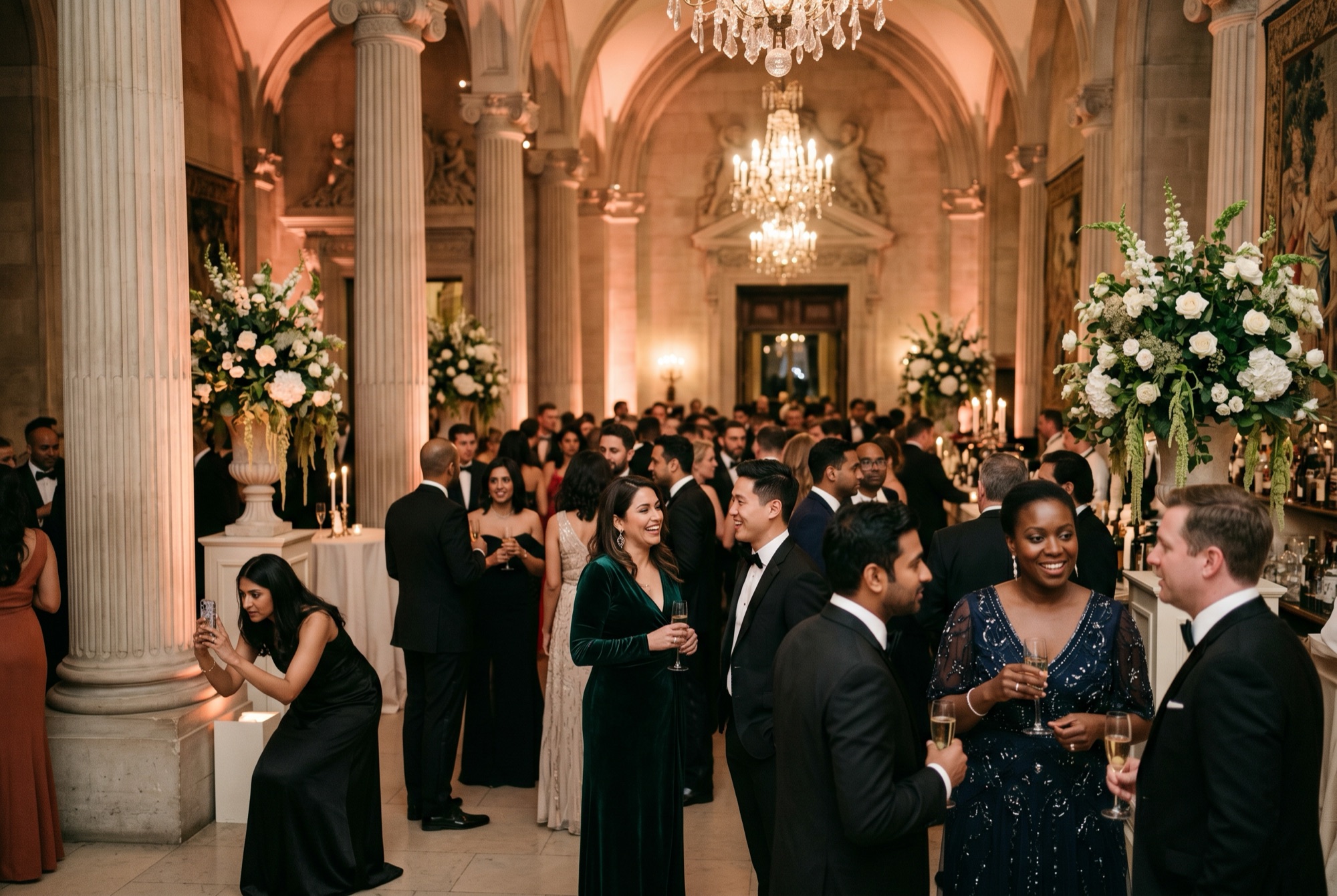 Black-tie guests with champagne in a grand hall at a gala.
