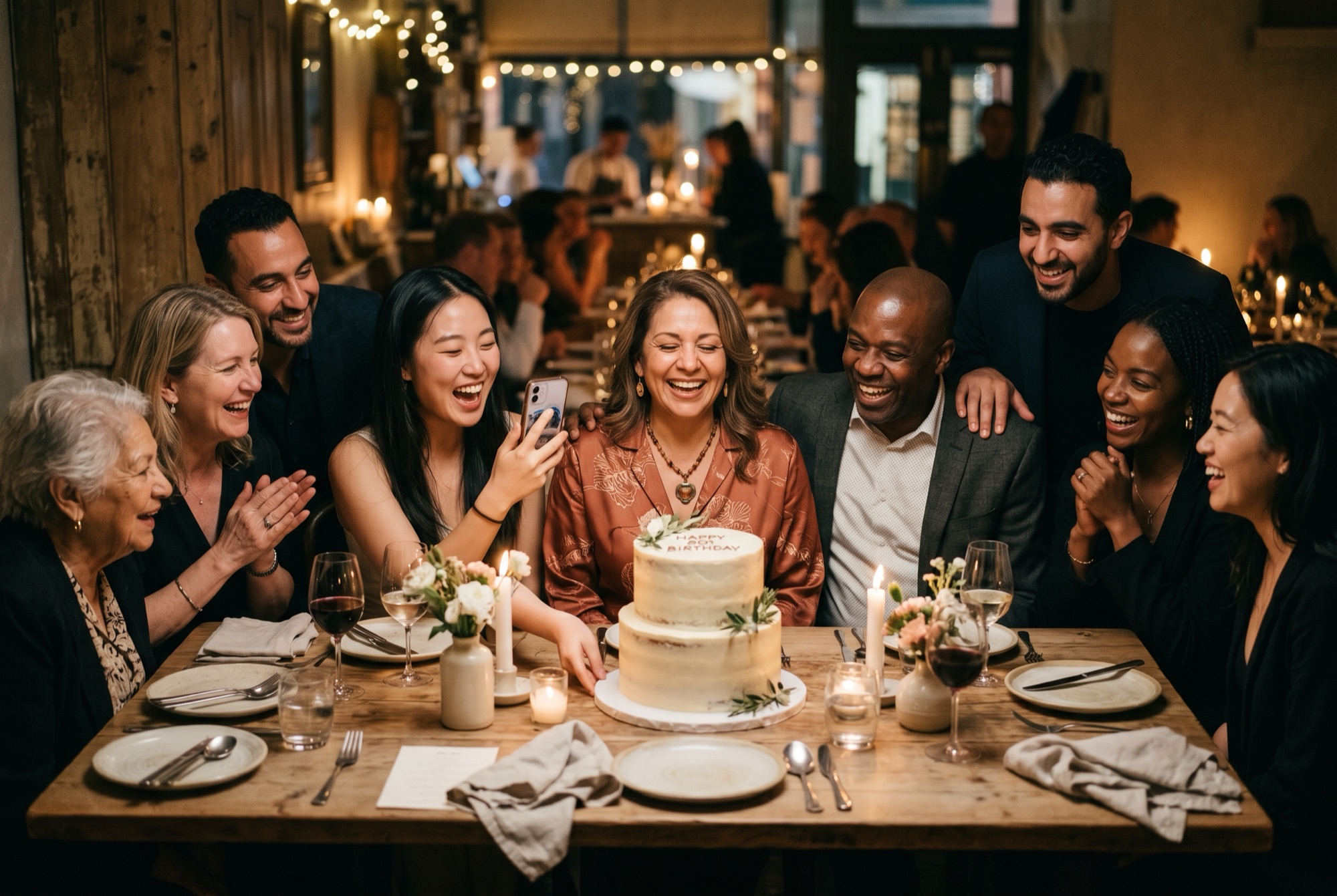 A candlelit birthday dinner as a guest photographs the cake.